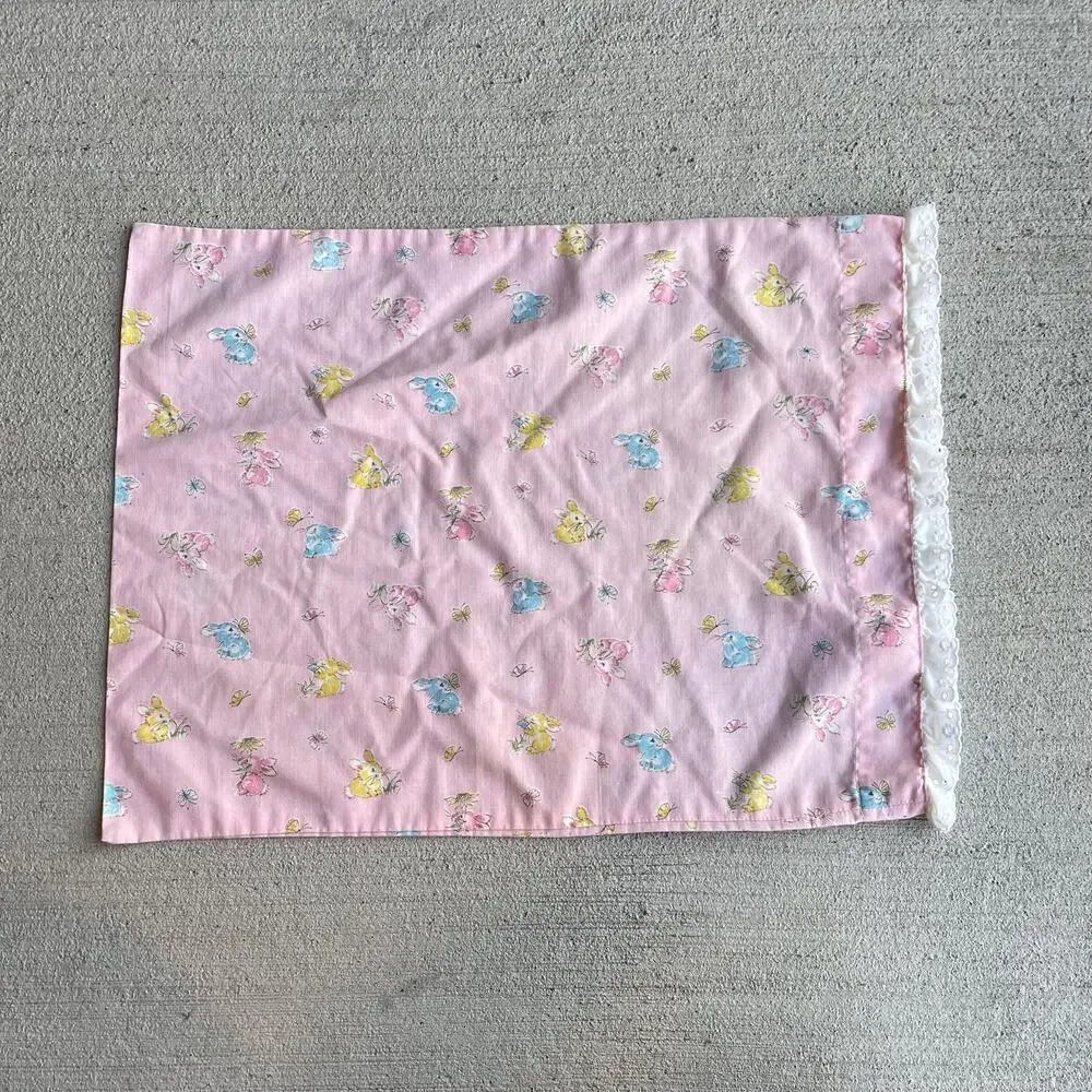 Vintage toddler bunny rabbit pillowcase pastel dainty lace girly kids